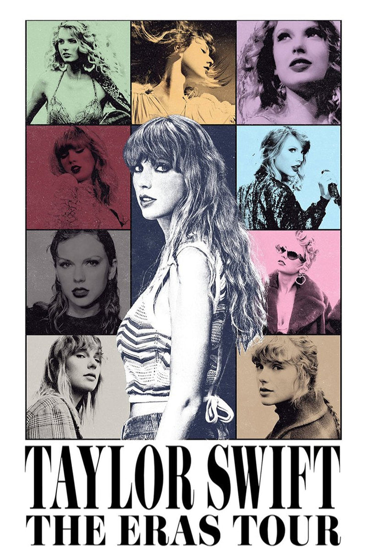 Taylor Swift poster features a central black-and-white portrait surrounded by colorful era panels and The Eras Tour text.