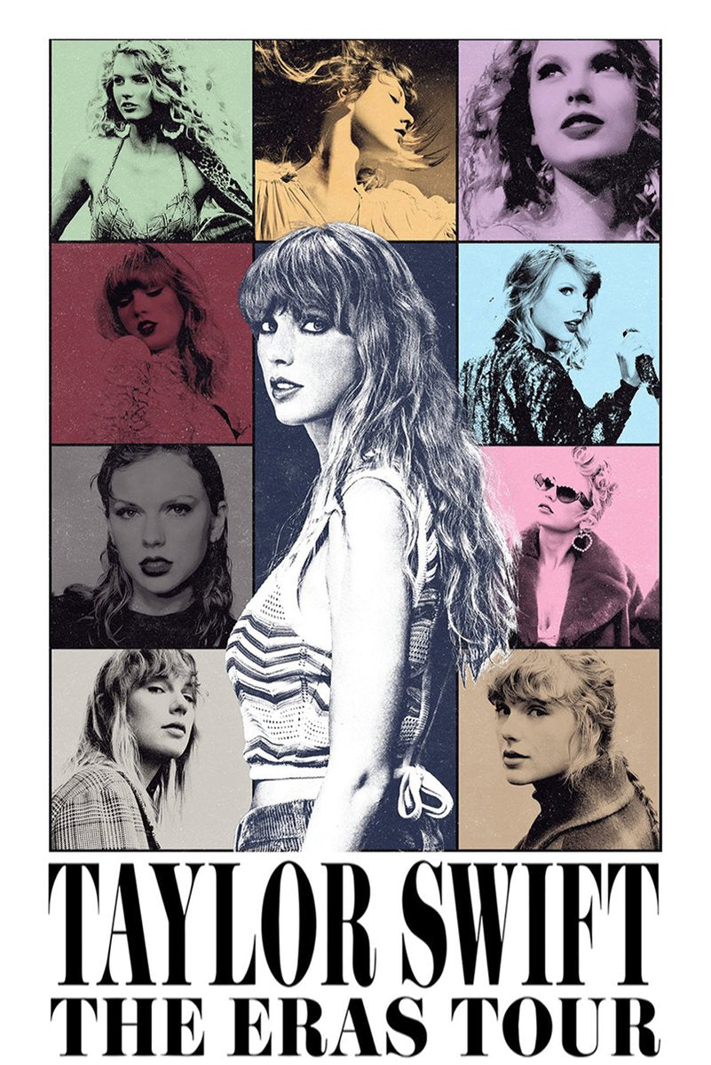 Taylor Swift poster features a central black-and-white portrait surrounded by colorful era panels and The Eras Tour text.