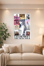 Taylor Swift The Eras Tour in a bright living room above a beige sofa.