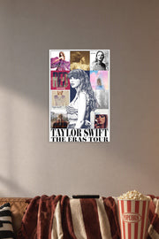 Taylor Swift The Eras Tour in a cozy movie room above a brown sofa with popcorn.