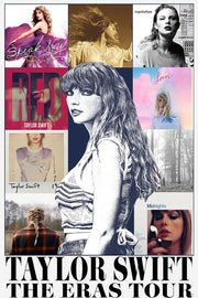 Taylor Swift poster collage with a central navy portrait, album-era panels, and bold The Eras Tour typography.