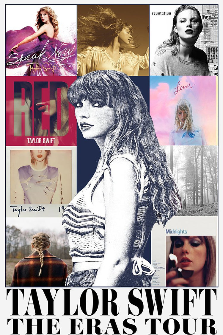 Taylor Swift poster collage with a central navy portrait, album-era panels, and bold The Eras Tour typography.