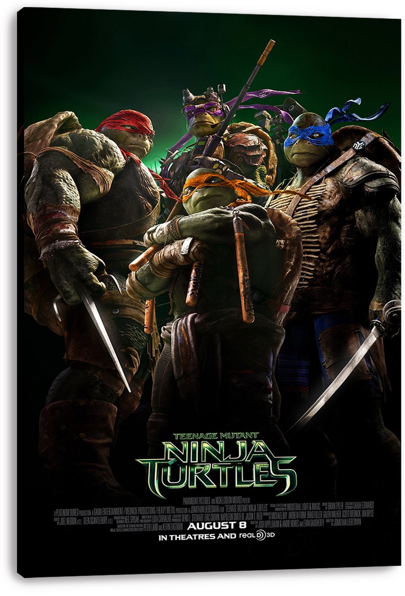 Teenage Mutant Ninja Turtles canvas wall art print displays four armed turtles in colored masks with the logo and August 8 release text.