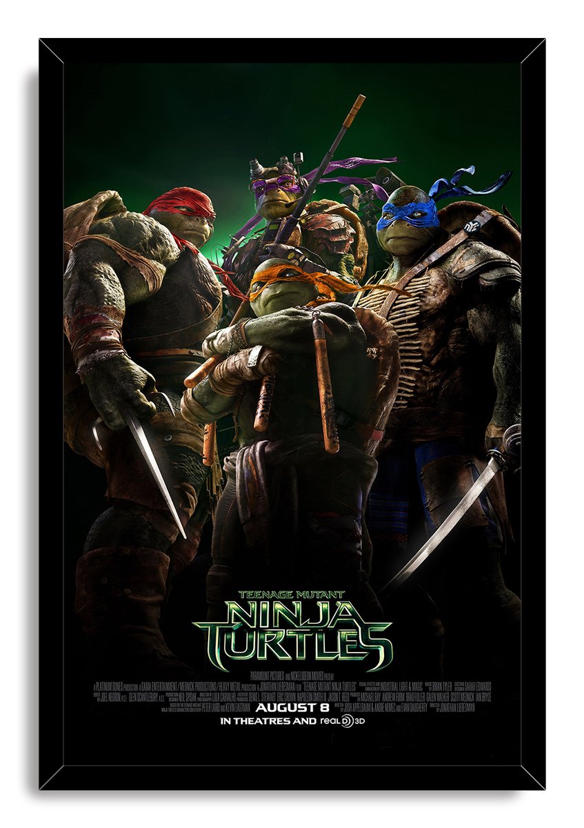 Teenage Mutant Ninja Turtles framed wall art print presents the four weapon-wielding turtles, green logo, and black border.