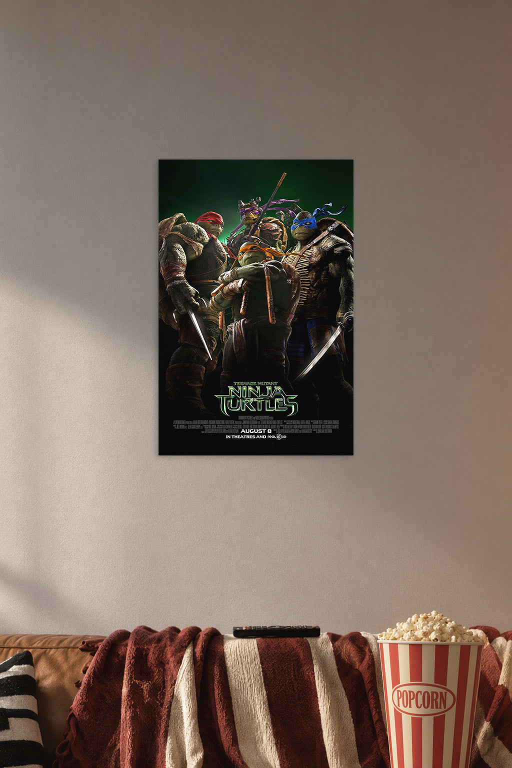 Teenage Mutant Ninja Turtles in a cozy movie room above a brown sofa with popcorn.