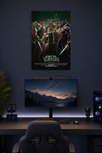 Teenage Mutant Ninja Turtles in a gaming desk setup above a monitor.