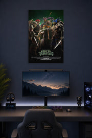 Teenage Mutant Ninja Turtles in a gaming desk setup above a monitor.