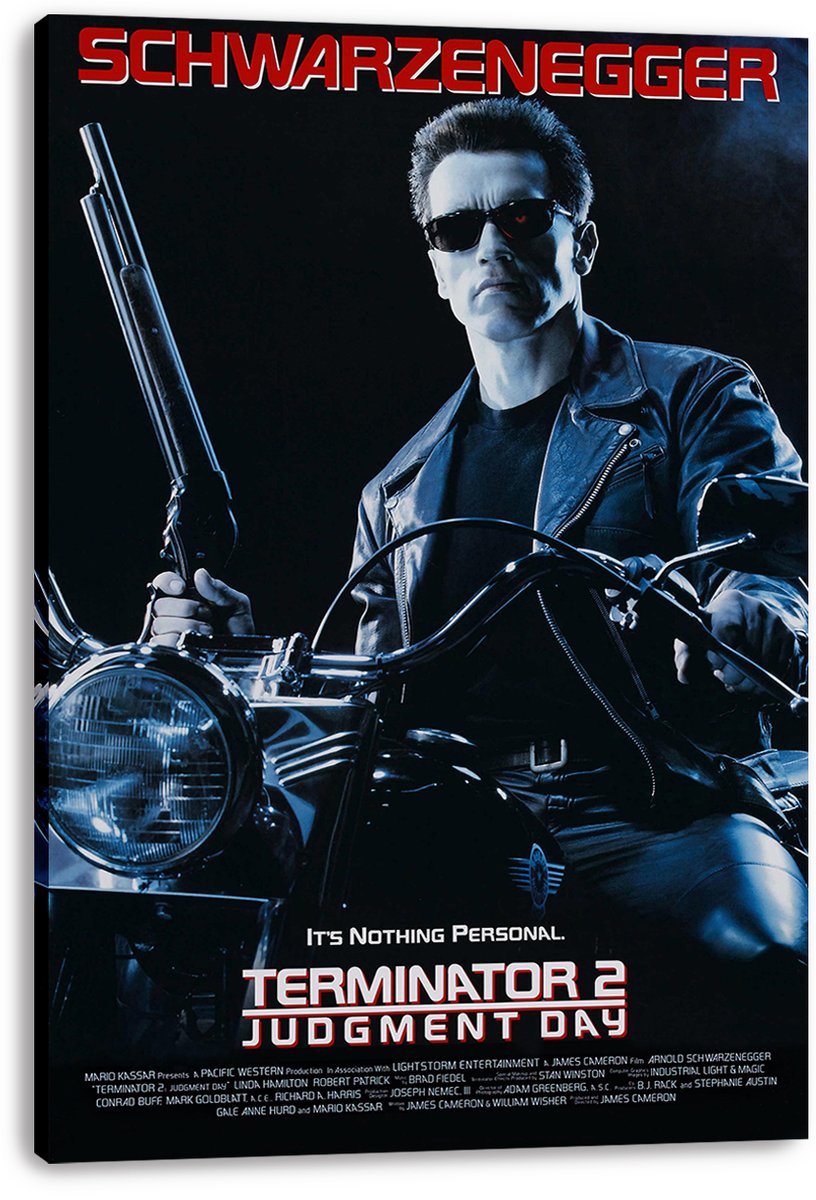 Terminator 2 wall art print on a thick canvas, featuring Arnold Schwarzenegger on a motorcycle holding a shotgun in blue light.