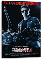 Terminator 2 wall art print on a thick canvas, featuring Arnold Schwarzenegger on a motorcycle holding a shotgun in blue light.