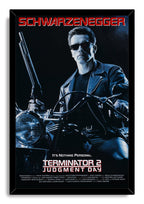 Terminator 2 framed wall art print featuring Arnold Schwarzenegger in dark sunglasses, leather jacket, motorcycle, and shotgun.