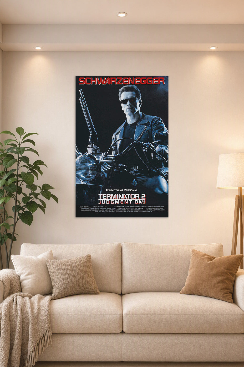 Terminator 2 Arnold Schwarzenegger in a bright living room above a beige sofa.