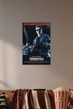 Terminator 2 Arnold Schwarzenegger in a cozy movie room above a brown sofa with popcorn.