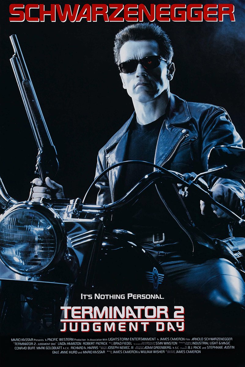Terminator 2 poster with Arnold Schwarzenegger in sunglasses and a leather jacket riding a motorcycle with a shotgun.