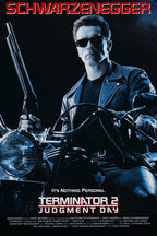 Terminator 2 Judgment Day poster features Arnold Schwarzenegger in sunglasses and leather jacket on a motorcycle holding a shotgun.