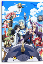 That Time I Got Reincarnated as a Slime canvas wall art features colorful characters gathered atop a large horned wolf under a bright blue sky.