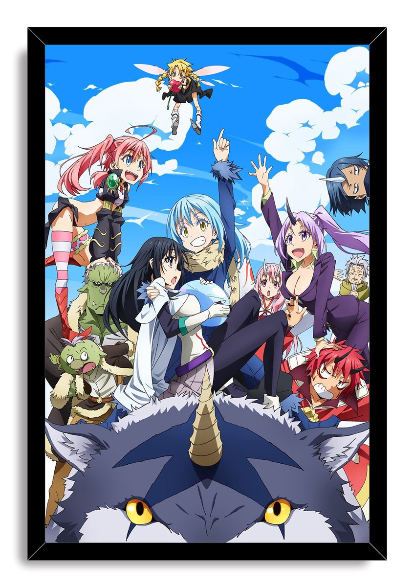 That Time I Got Reincarnated as a Slime framed wall art print depicts an energetic character group on a horned wolf against clouds and blue sky.