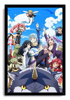 That Time I Got Reincarnated as a Slime framed wall art print depicts an energetic character group on a horned wolf against clouds and blue sky.