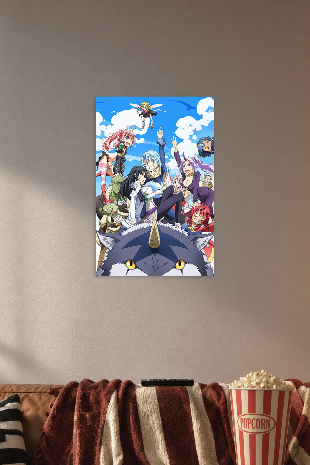 That Time I Got Reincarnated as a Slime Characters Group in a cozy movie room above a brown sofa with popcorn.