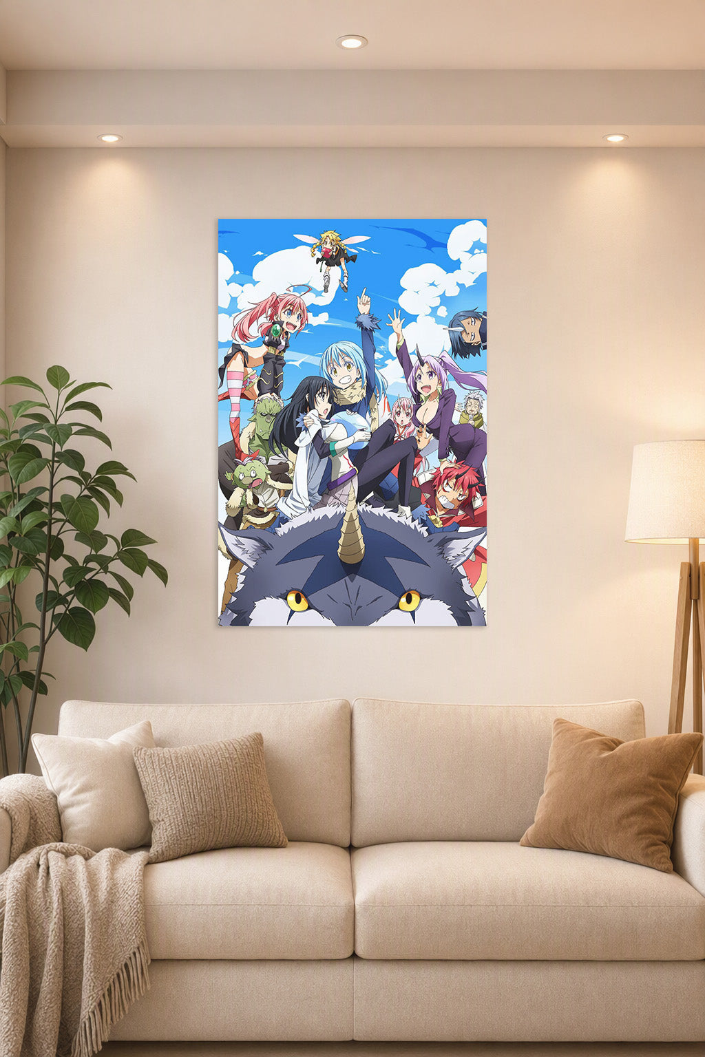 That Time I Got Reincarnated as a Slime Characters Group in a bright living room above a beige sofa.