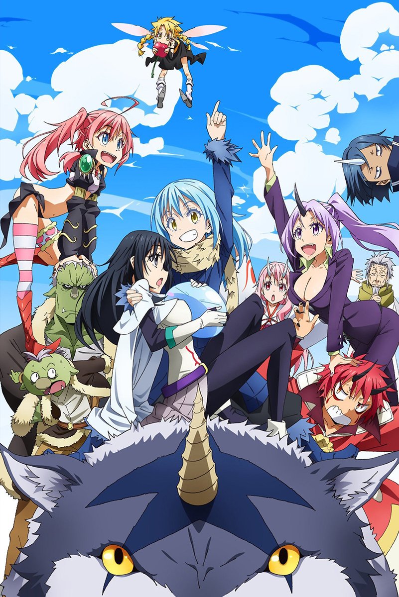 That Time I Got Reincarnated as a Slime wall art print features a lively anime group perched on a horned wolf beneath blue skies and clouds.