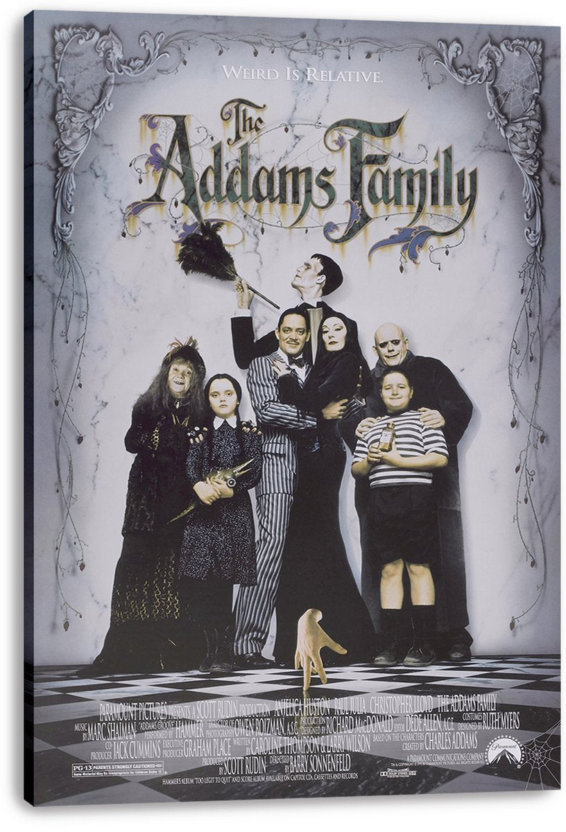 The Addams Family canvas wall art print displays the posed family, stylized title lettering, marble backdrop, and checkerboard floor.