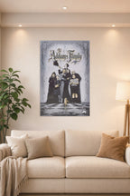 The Addams Family in a bright living room above a beige sofa.