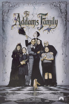 The Addams Family poster features the gothic family posed on a black-and-white checkerboard floor beneath ornate cobweb borders.