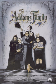 The Addams Family poster features the gothic family posed on a black-and-white checkerboard floor beneath ornate cobweb borders.