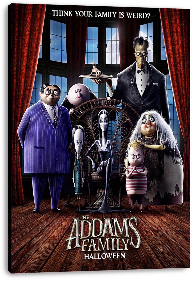 The Addams Family Halloween wall art print on canvas shows the eccentric family posed in a gothic room with red drapes.