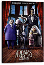The Addams Family Halloween wall art print on canvas shows the eccentric family posed in a gothic room with red drapes.