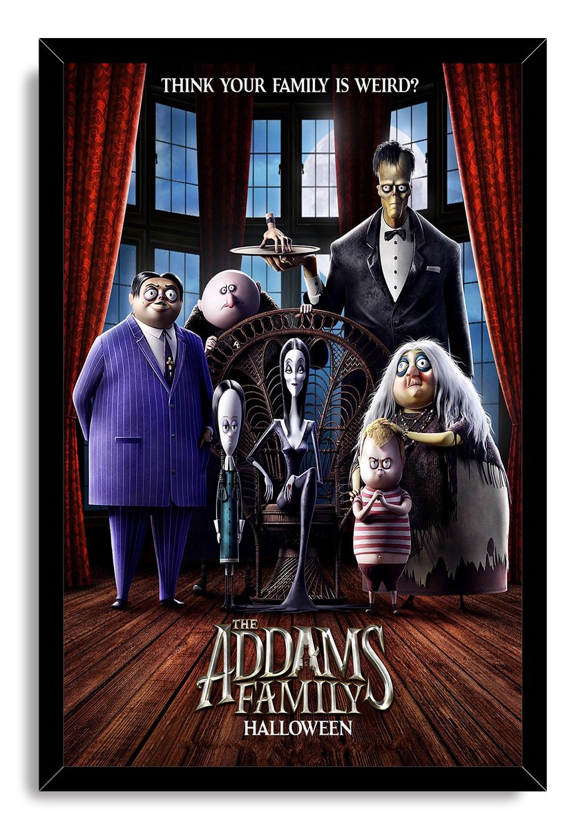 The Addams Family Halloween framed wall art print depicts the animated family gathered around a wicker chair in a moonlit hall.