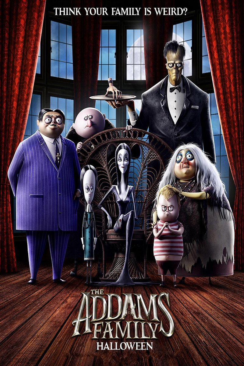 The Addams Family Halloween poster features the animated family in a dark mansion beneath red curtains and moonlit windows.