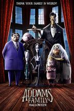 The Addams Family Halloween poster features the animated family in a dark mansion beneath red curtains and moonlit windows.