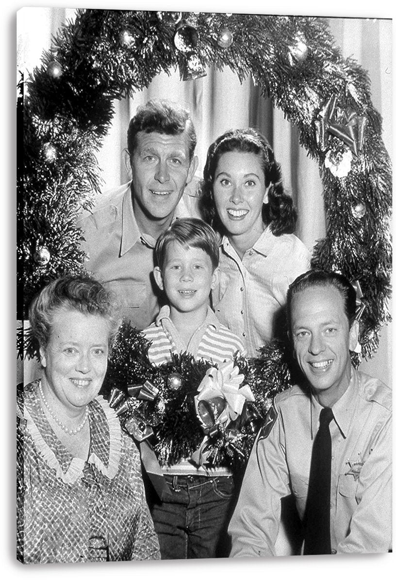 The Andy Griffith Show Christmas wall art print on canvas displays five cast members within a festive tinsel garland border.