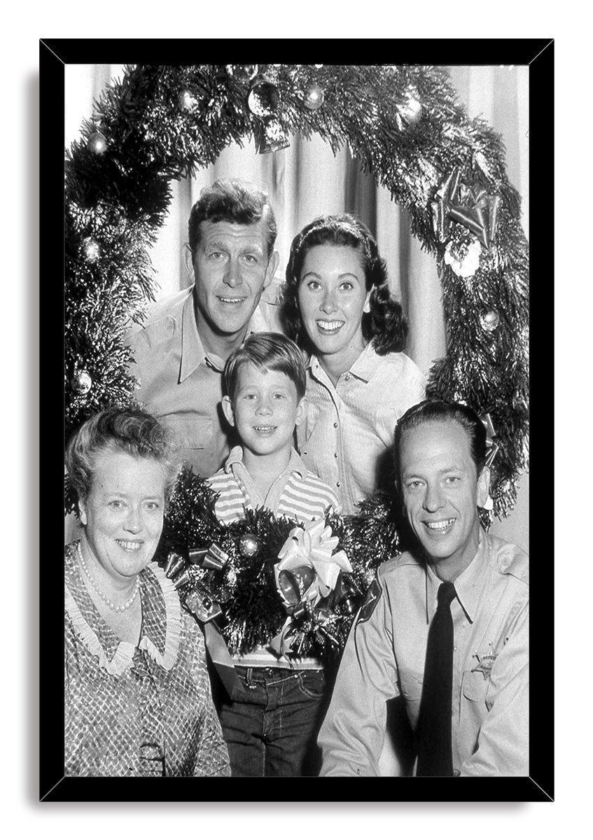 The Andy Griffith Show Christmas wall art print is presented in a black frame with five cast members and holiday garland.