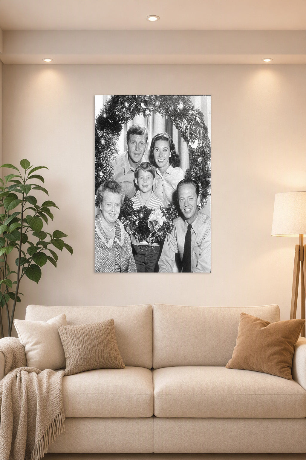 The Andy Griffith Show Cast Christmas in a bright living room above a beige sofa.
