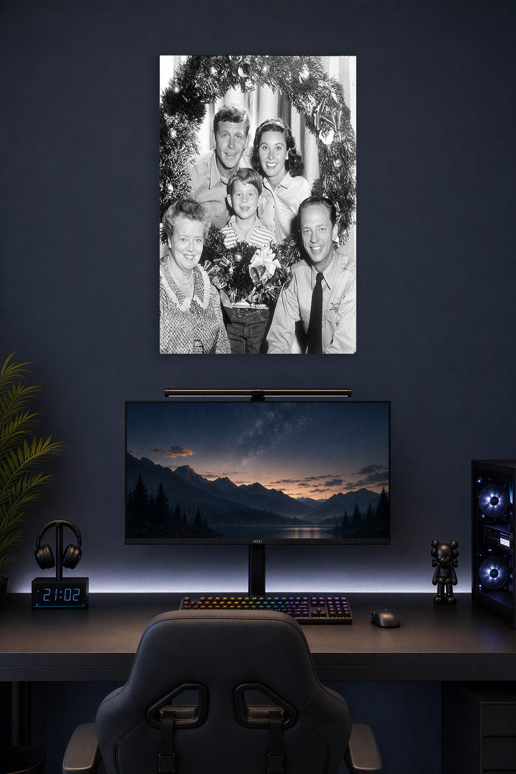 The Andy Griffith Show Cast Christmas in a gaming desk setup above a monitor.