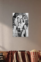 The Andy Griffith Show Cast Christmas in a cozy movie room above a brown sofa with popcorn.