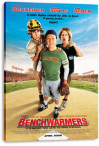 The Benchwarmers canvas wall art print presents three baseball teammates on a diamond under a bright blue sky.