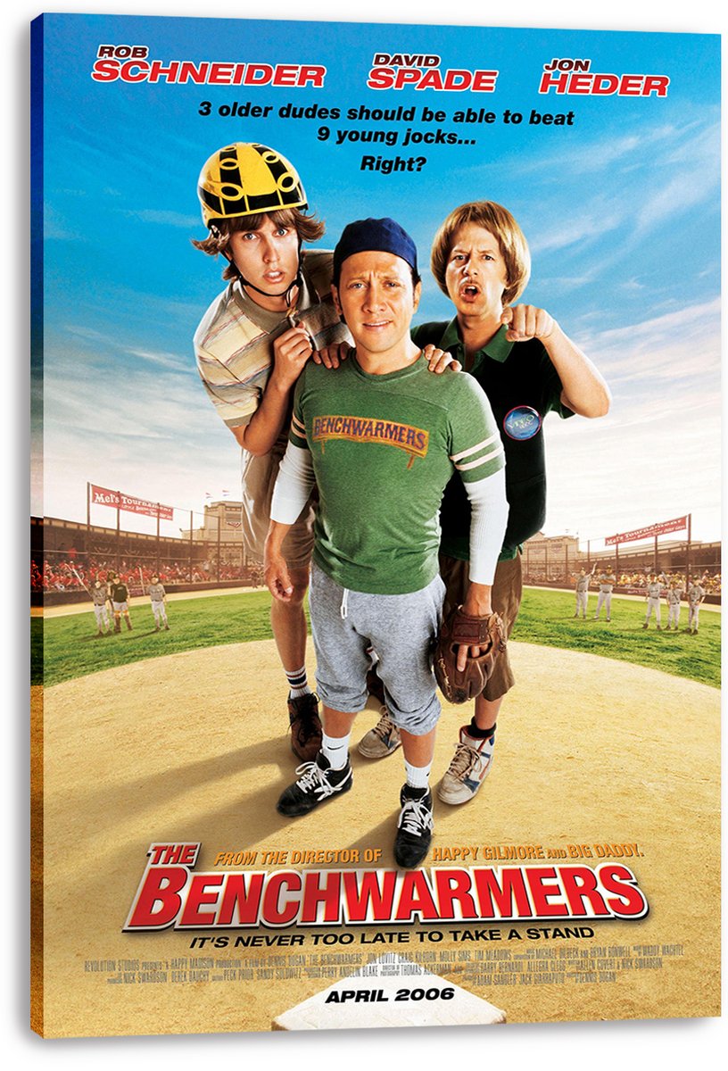 The Benchwarmers canvas wall art print presents three baseball teammates on a diamond under a bright blue sky.
