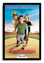 The Benchwarmers framed wall art print depicts three men on a baseball field, bordered by a sleek black frame.
