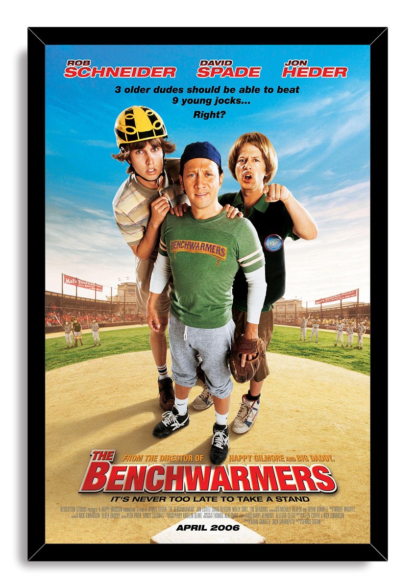 The Benchwarmers framed wall art print depicts three men on a baseball field, bordered by a sleek black frame.