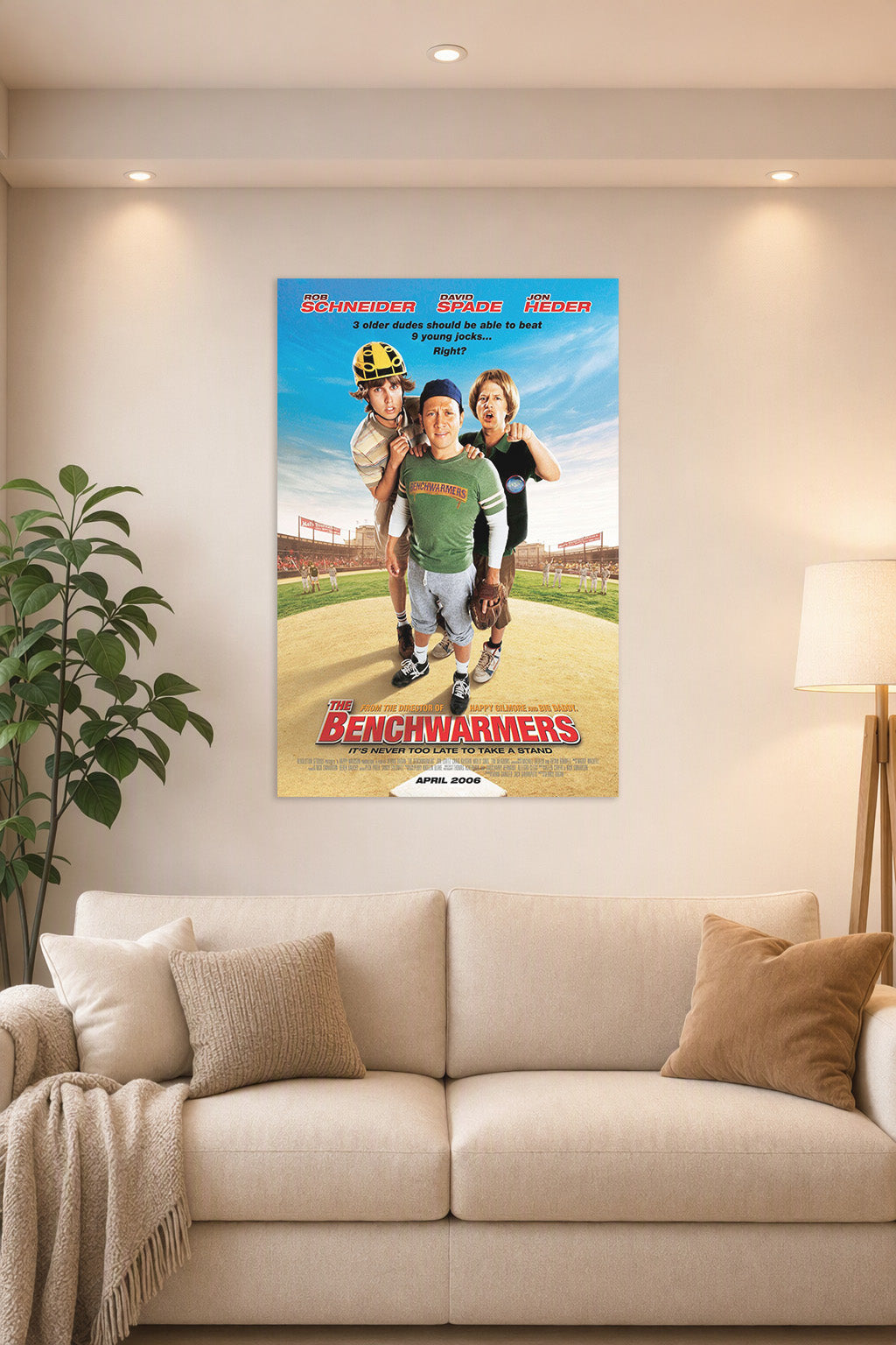 The Benchwarmers Rob Schneider David Spade Jon Heder in a bright living room above a beige sofa.