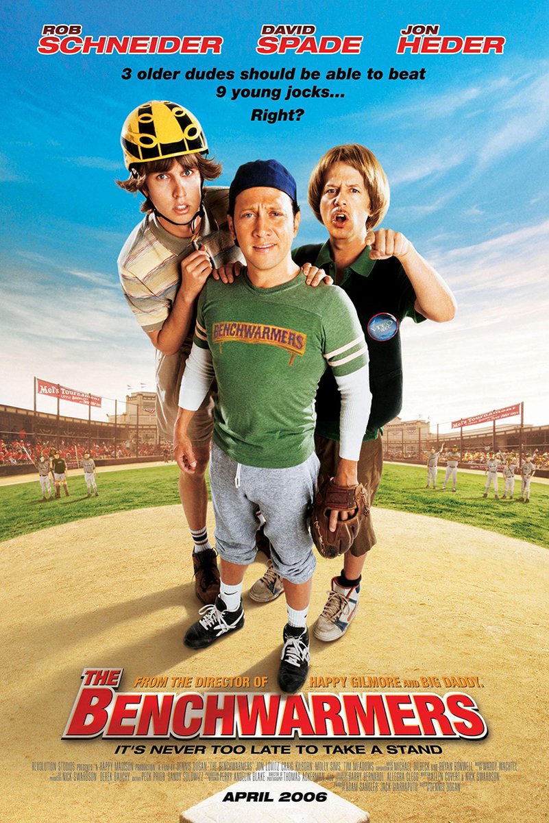 The Benchwarmers movie poster features three men on a sunny baseball field, with a bold red title beneath them.