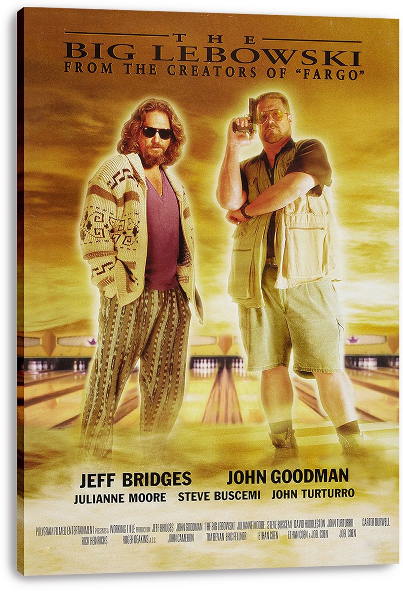 The Big Lebowski canvas wall art print featuring The Dude and Walter on a golden bowling alley, displayed with wrapped canvas edges.