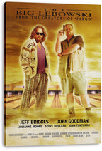 The Big Lebowski canvas wall art print featuring The Dude and Walter on a golden bowling alley, displayed with wrapped canvas edges.