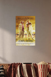 The Big Lebowski Movie Poster in a cozy movie room above a brown sofa with popcorn.