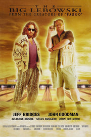 The Big Lebowski movie poster with The Dude and Walter standing on glowing gold bowling lanes, with title text above.