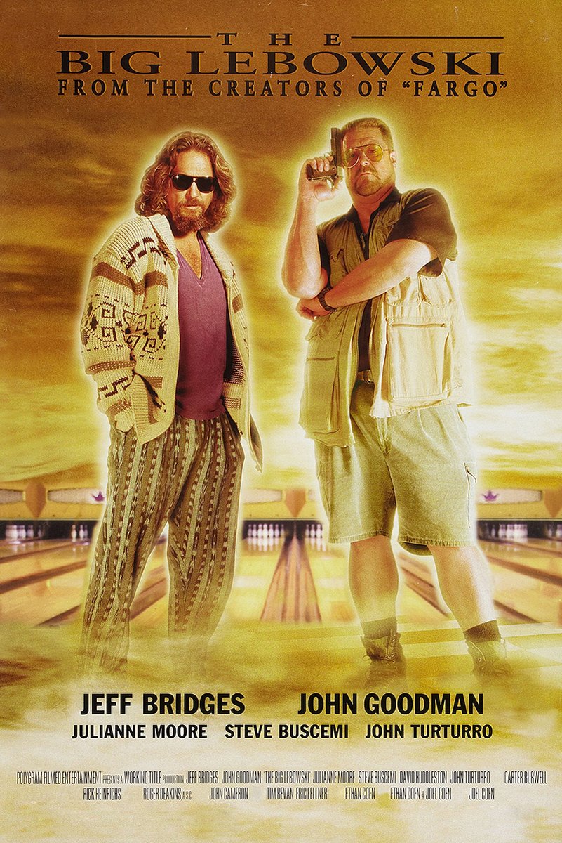 The Big Lebowski movie poster with The Dude and Walter standing on glowing gold bowling lanes, with title text above.