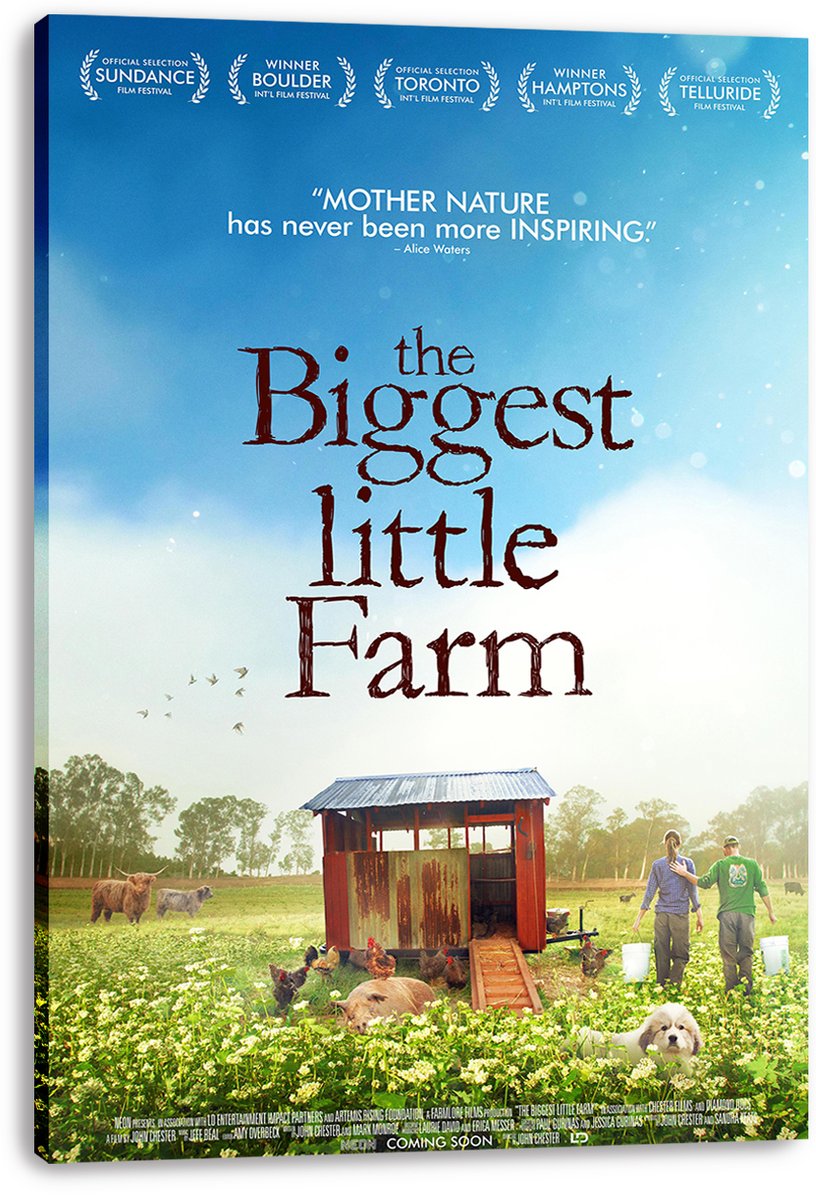 The Biggest Little Farm canvas wall art print displays the film poster with a red coop, farm animals, and a couple walking through flowers.